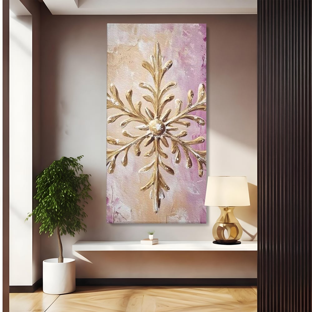 Tablou canvas cu tablou cu fulg de nea auriu in relief, fara rama, pe sasiu de lemn